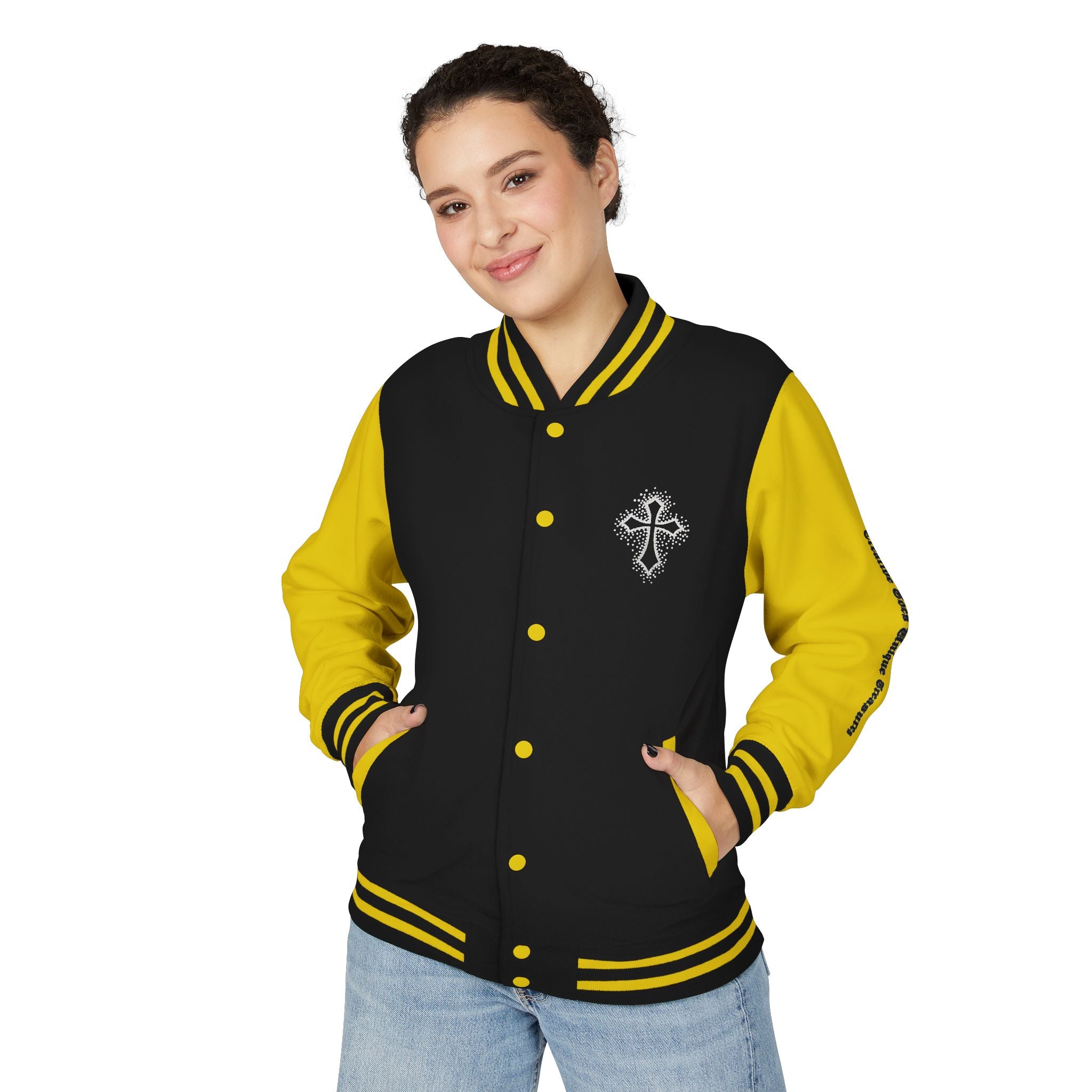 Unisex Heavyweight Letterman Jacket, Trendy Varsity Jacket, Youthful Streetwear, Positive Vibes Outerwear, Perfect for Casual Outings, [...]
