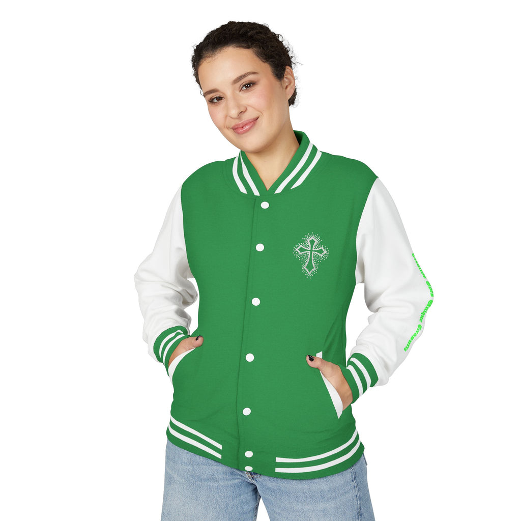 Unisex Heavyweight Letterman Jacket, Trendy Varsity Jacket, Youthful Streetwear, Positive Vibes Outerwear, Perfect for Casual Outings, [...]