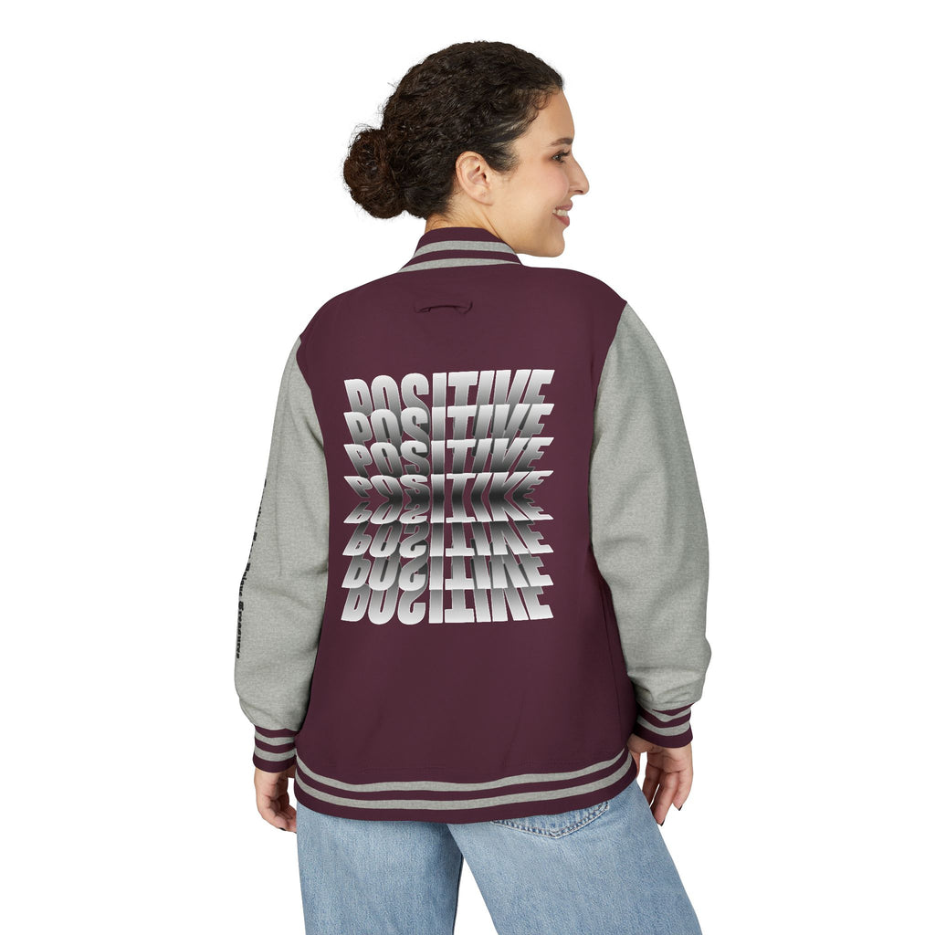 Unisex Heavyweight Letterman Jacket, Trendy Varsity Jacket, Youthful Streetwear, Positive Vibes Outerwear, Perfect for Casual Outings, [...]
