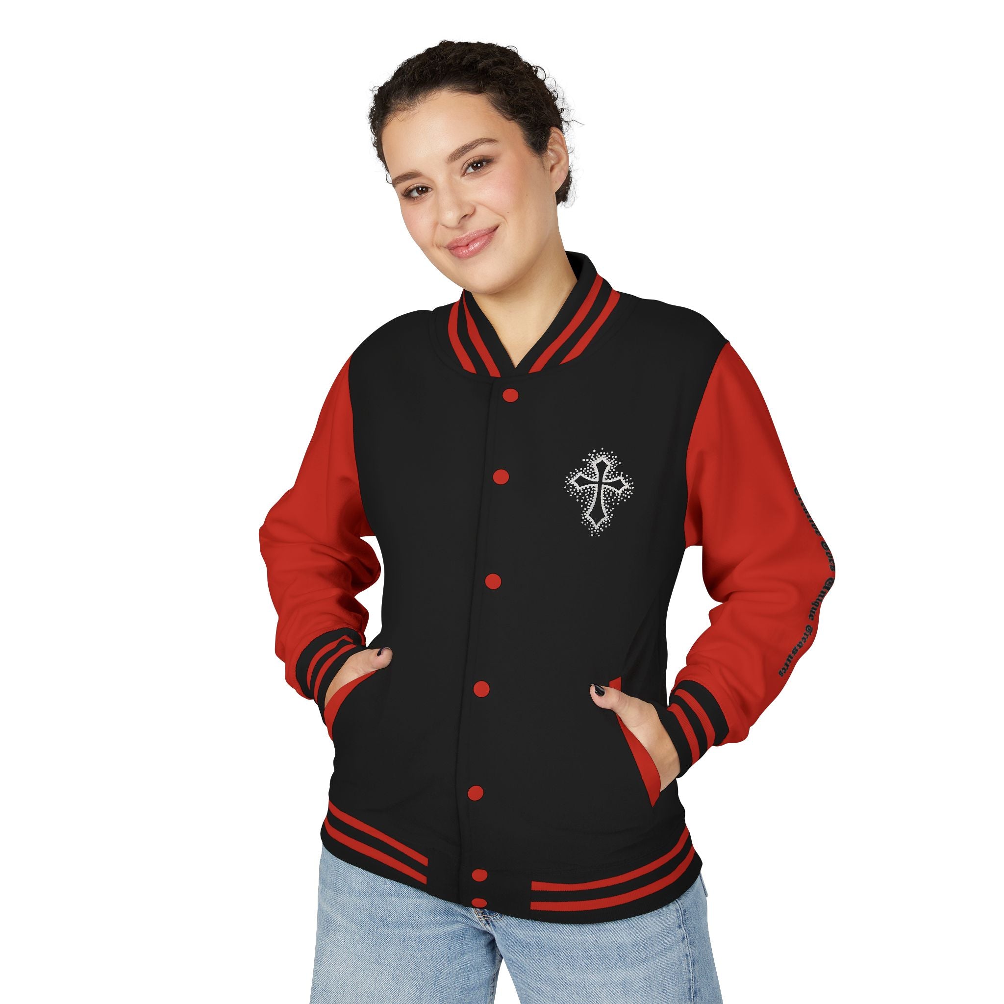 Unisex Heavyweight Letterman Jacket, Trendy Varsity Jacket, Youthful Streetwear, Positive Vibes Outerwear, Perfect for Casual Outings, [...]