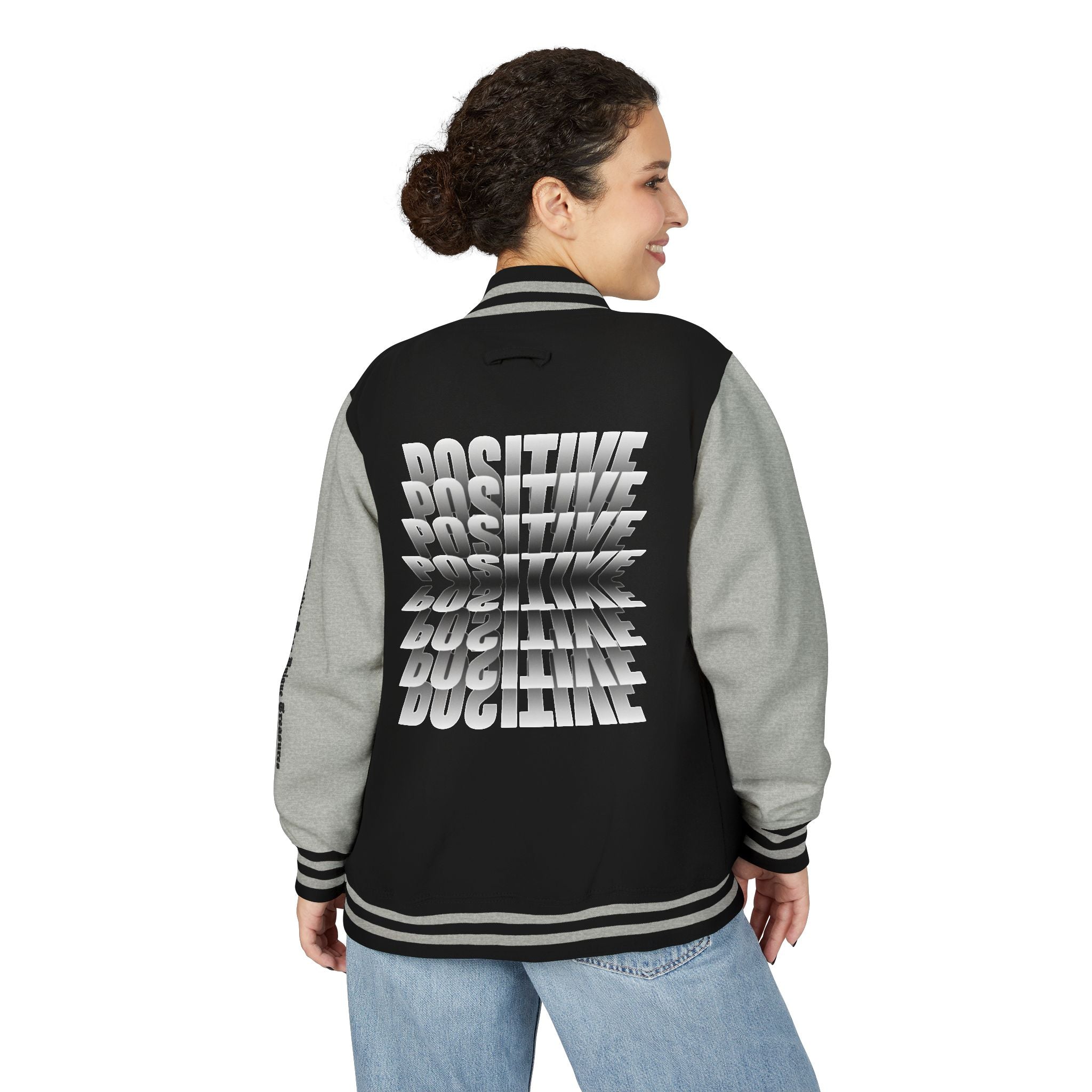 Unisex Heavyweight Letterman Jacket, Trendy Varsity Jacket, Youthful Streetwear, Positive Vibes Outerwear, Perfect for Casual Outings, [...]