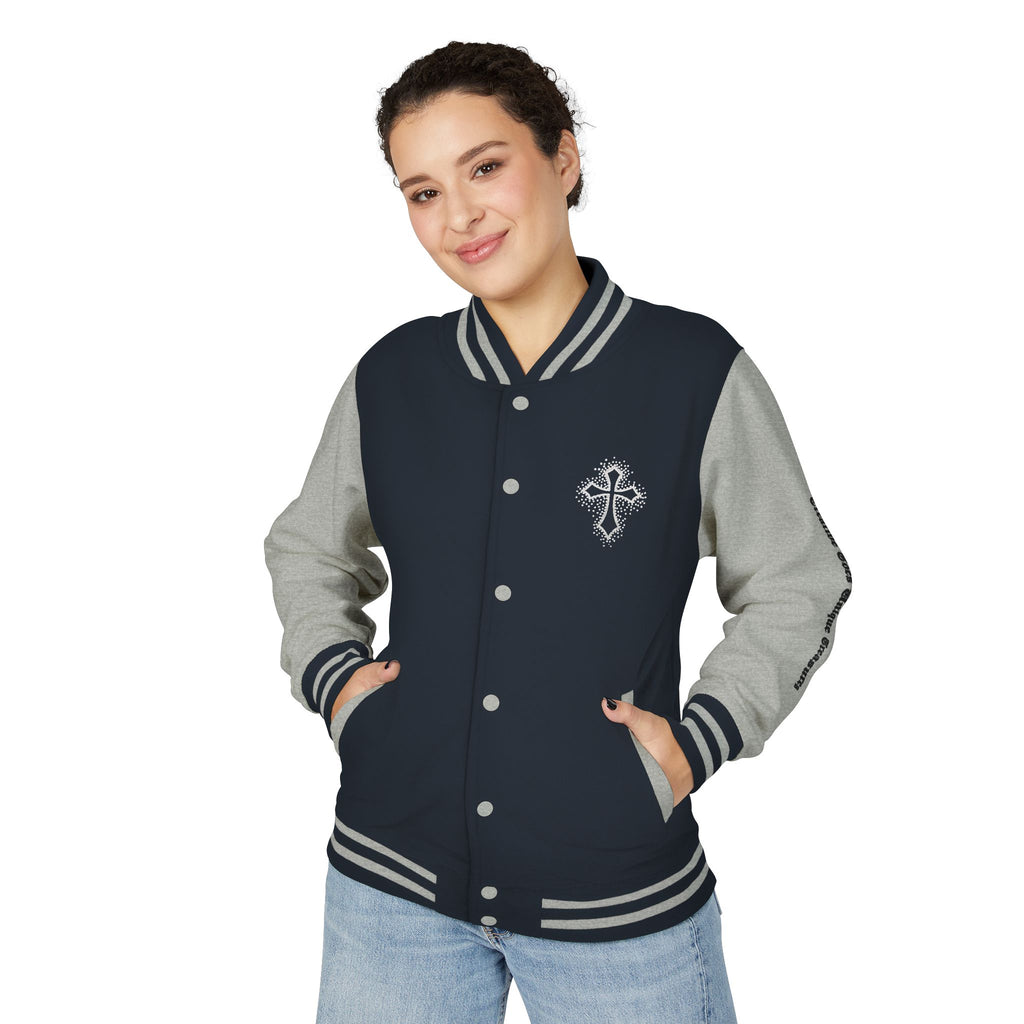 Unisex Heavyweight Letterman Jacket, Trendy Varsity Jacket, Youthful Streetwear, Positive Vibes Outerwear, Perfect for Casual Outings, [...]