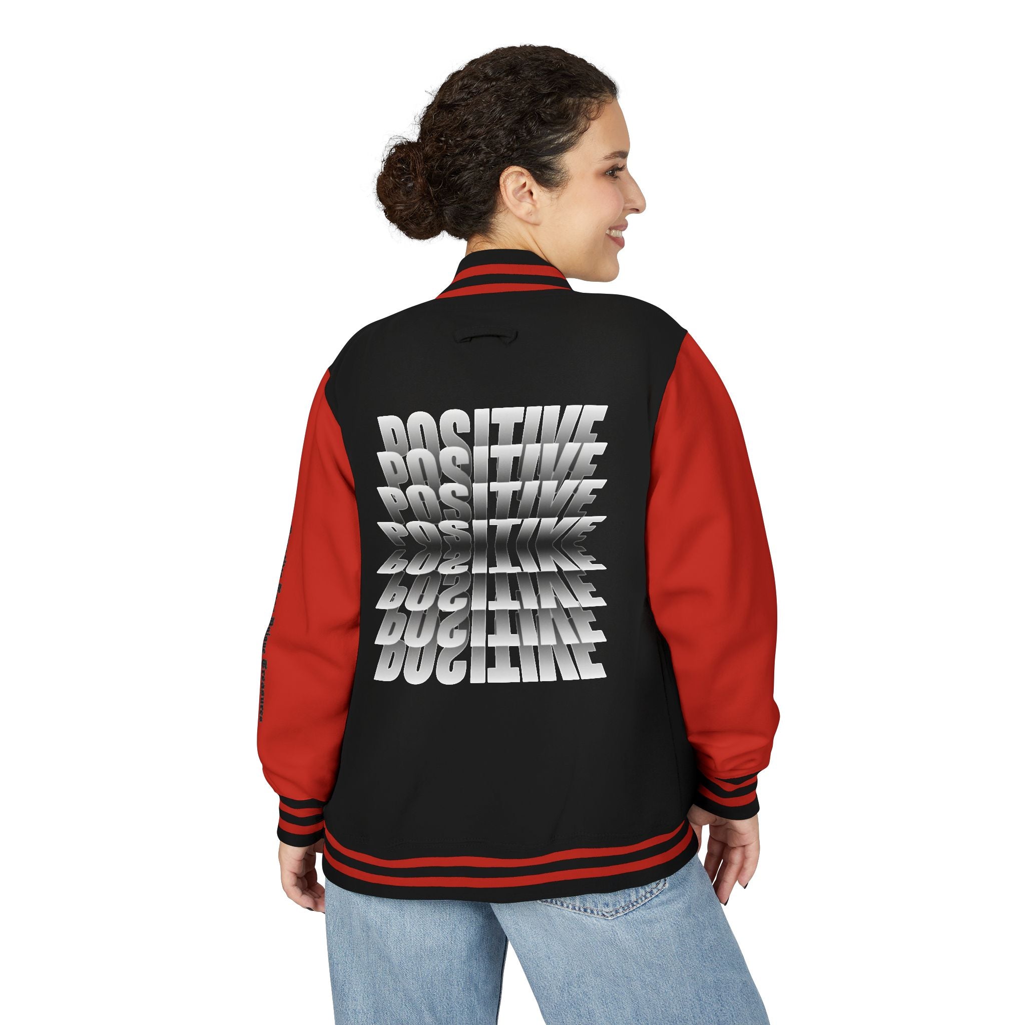 Unisex Heavyweight Letterman Jacket, Trendy Varsity Jacket, Youthful Streetwear, Positive Vibes Outerwear, Perfect for Casual Outings, [...]