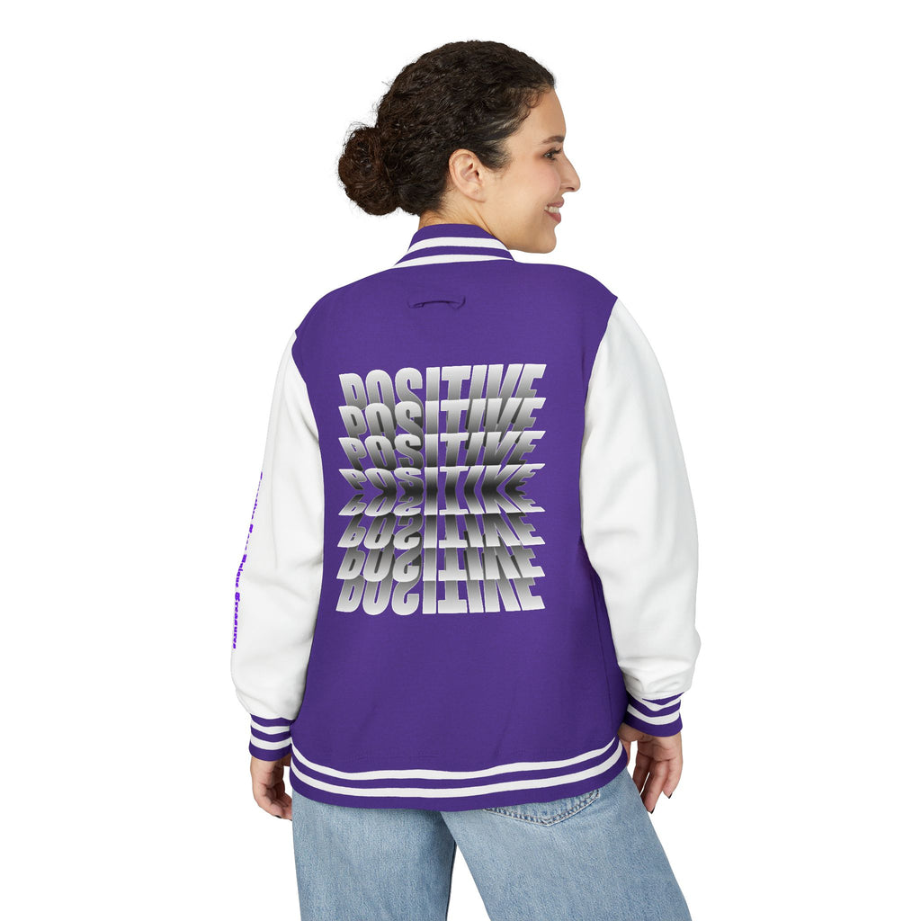 Unisex Heavyweight Letterman Jacket, Trendy Varsity Jacket, Youthful Streetwear, Positive Vibes Outerwear, Perfect for Casual Outings, [...]