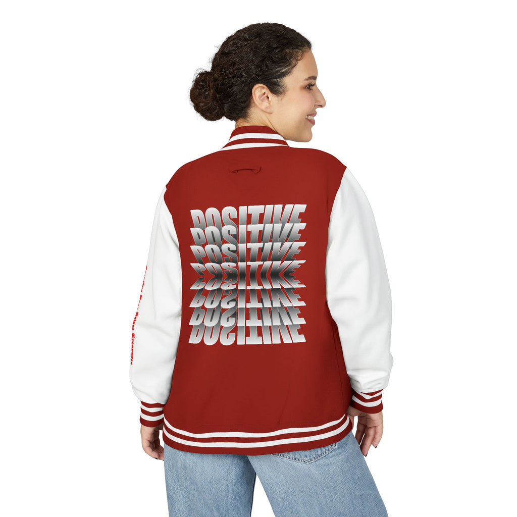 Unisex Heavyweight Letterman Jacket, Trendy Varsity Jacket, Youthful Streetwear, Positive Vibes Outerwear, Perfect for Casual Outings, [...]