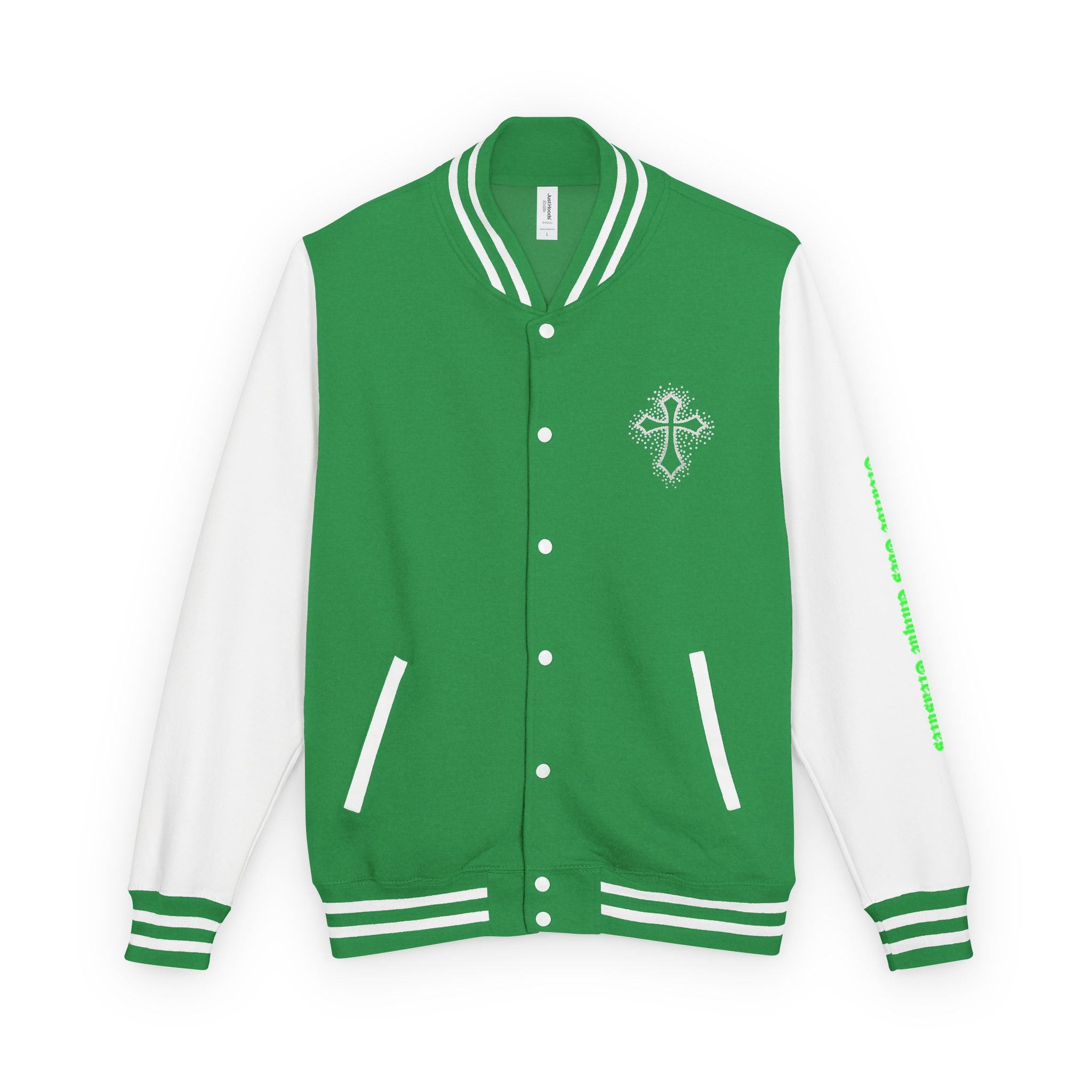 Unisex Heavyweight Letterman Jacket, Trendy Varsity Jacket, Youthful Streetwear, Positive Vibes Outerwear, Perfect for Casual Outings, [...]