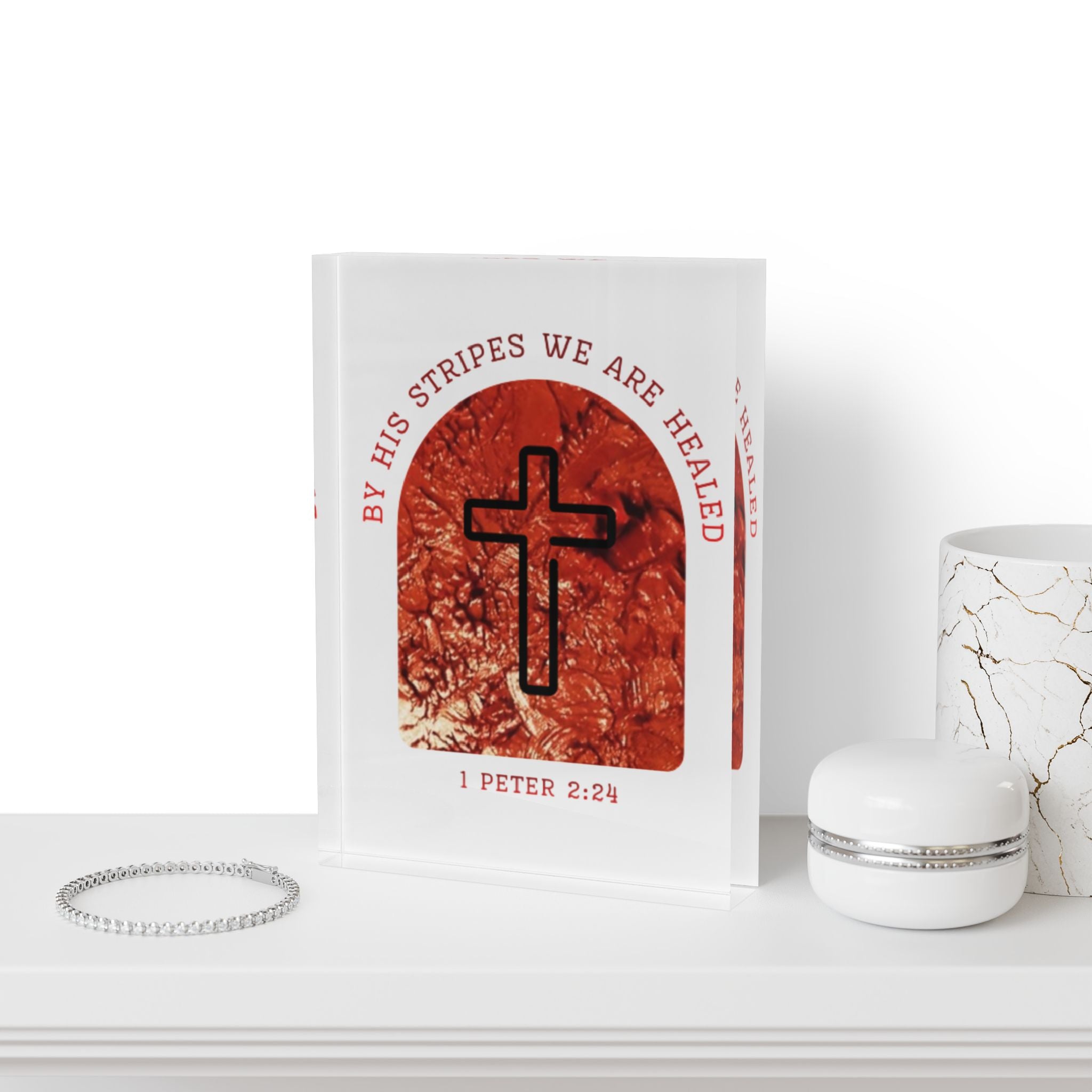 Religious Photo Block – “By His Stripes We Are Healed” Cross Décor (1 Peter 2:24)
