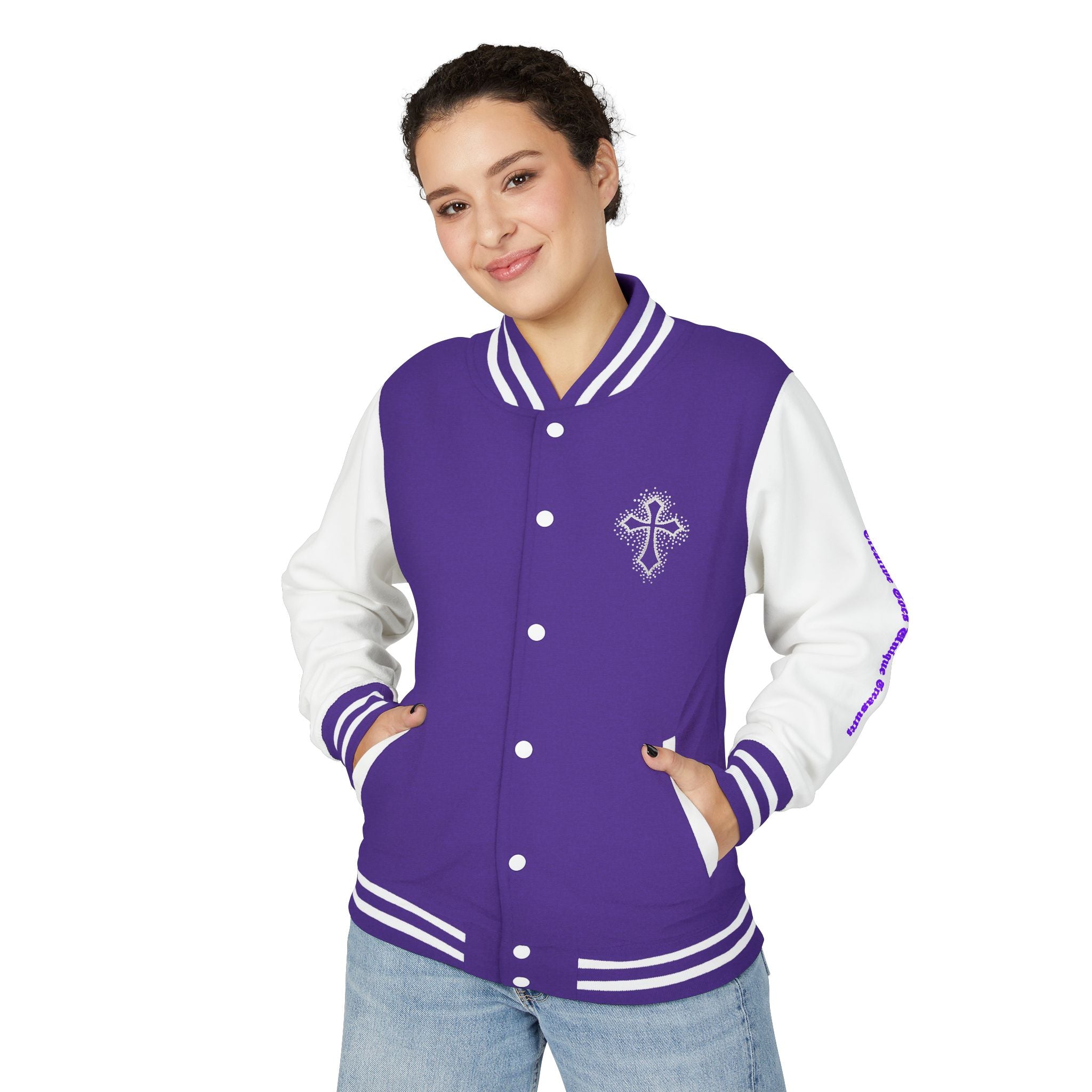 Unisex Heavyweight Letterman Jacket, Trendy Varsity Jacket, Youthful Streetwear, Positive Vibes Outerwear, Perfect for Casual Outings, [...]