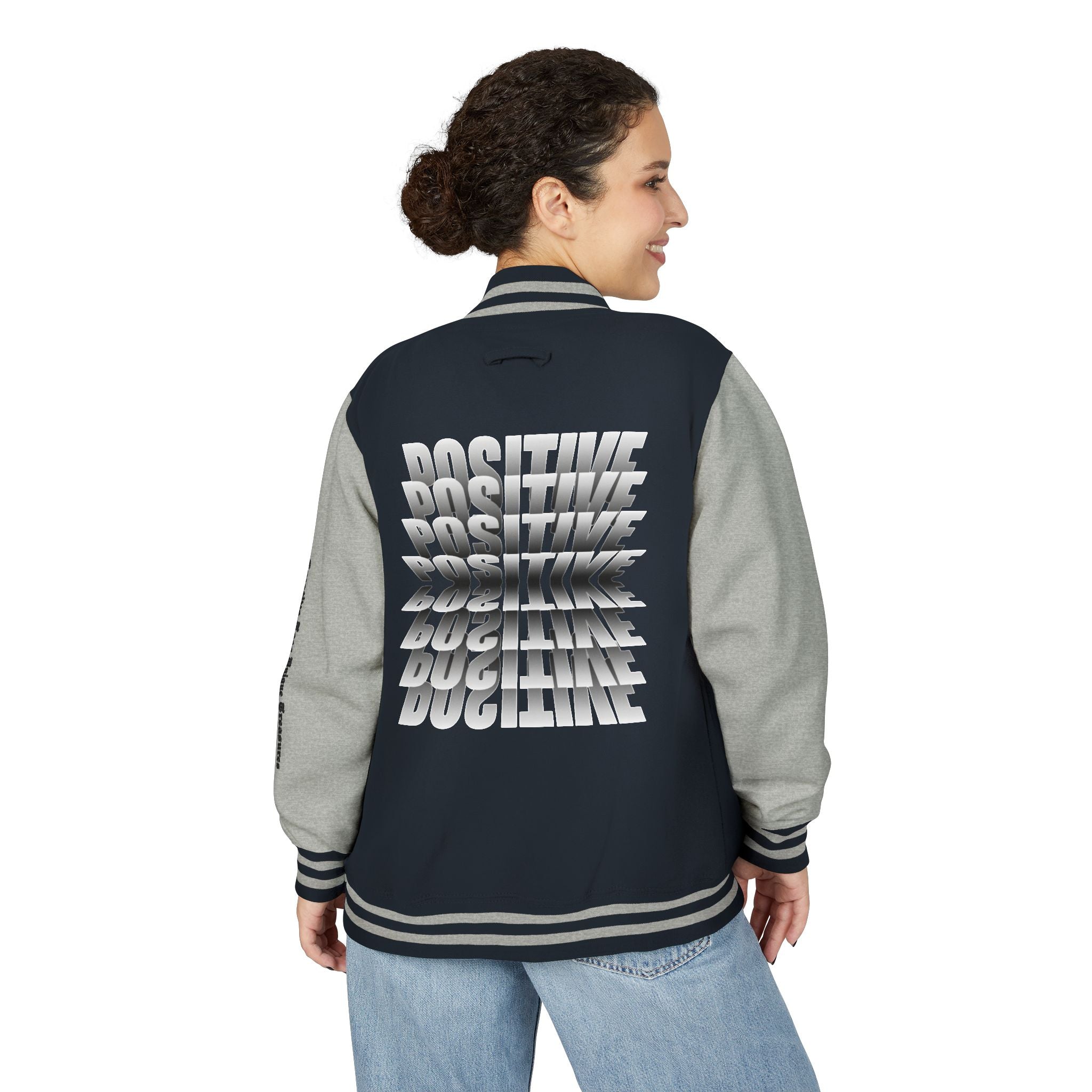 Unisex Heavyweight Letterman Jacket, Trendy Varsity Jacket, Youthful Streetwear, Positive Vibes Outerwear, Perfect for Casual Outings, [...]
