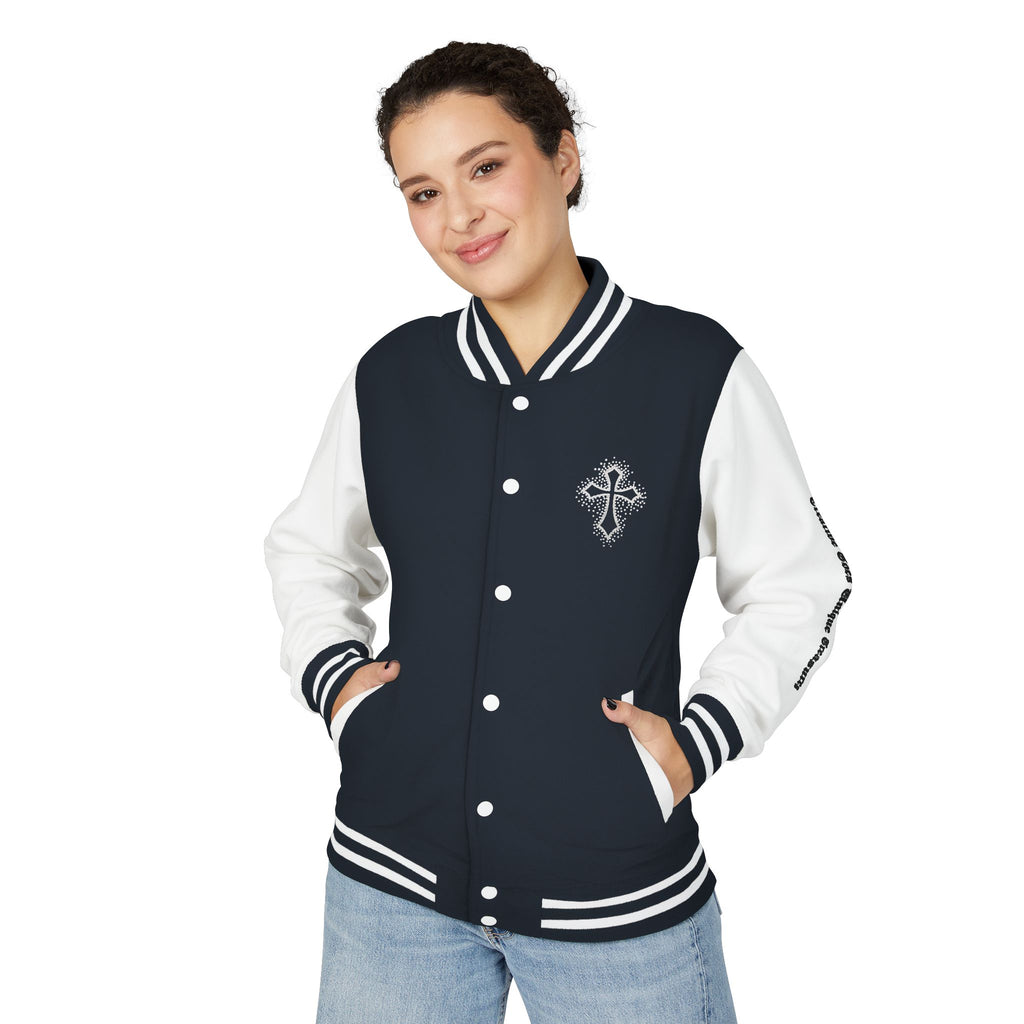 Unisex Heavyweight Letterman Jacket, Trendy Varsity Jacket, Youthful Streetwear, Positive Vibes Outerwear, Perfect for Casual Outings, [...]