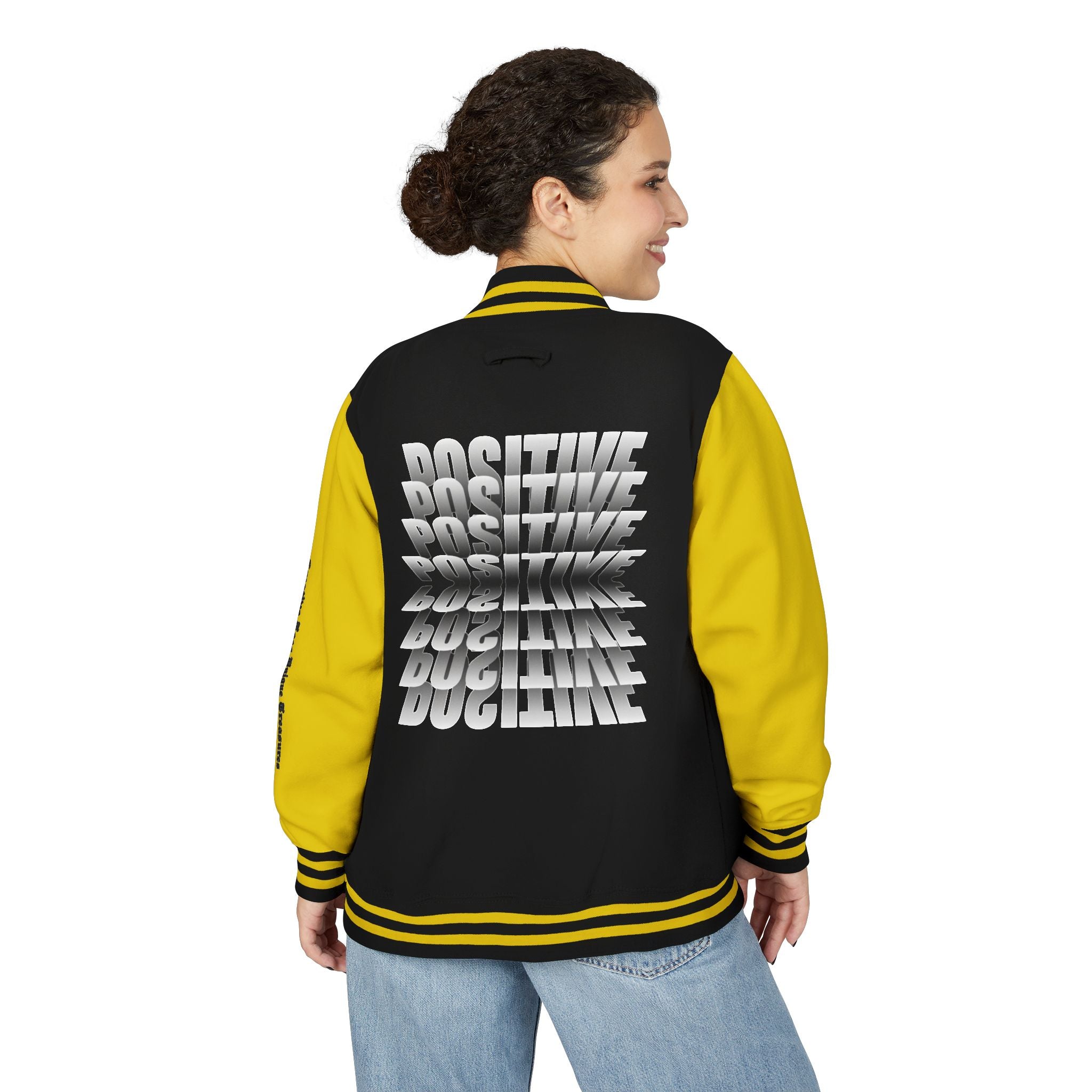Unisex Heavyweight Letterman Jacket, Trendy Varsity Jacket, Youthful Streetwear, Positive Vibes Outerwear, Perfect for Casual Outings, [...]