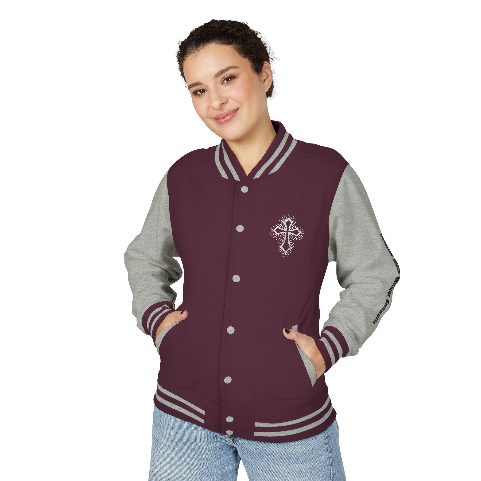 Unisex Heavyweight Letterman Jacket, Trendy Varsity Jacket, Youthful Streetwear, Positive Vibes Outerwear, Perfect for Casual Outings, [...]