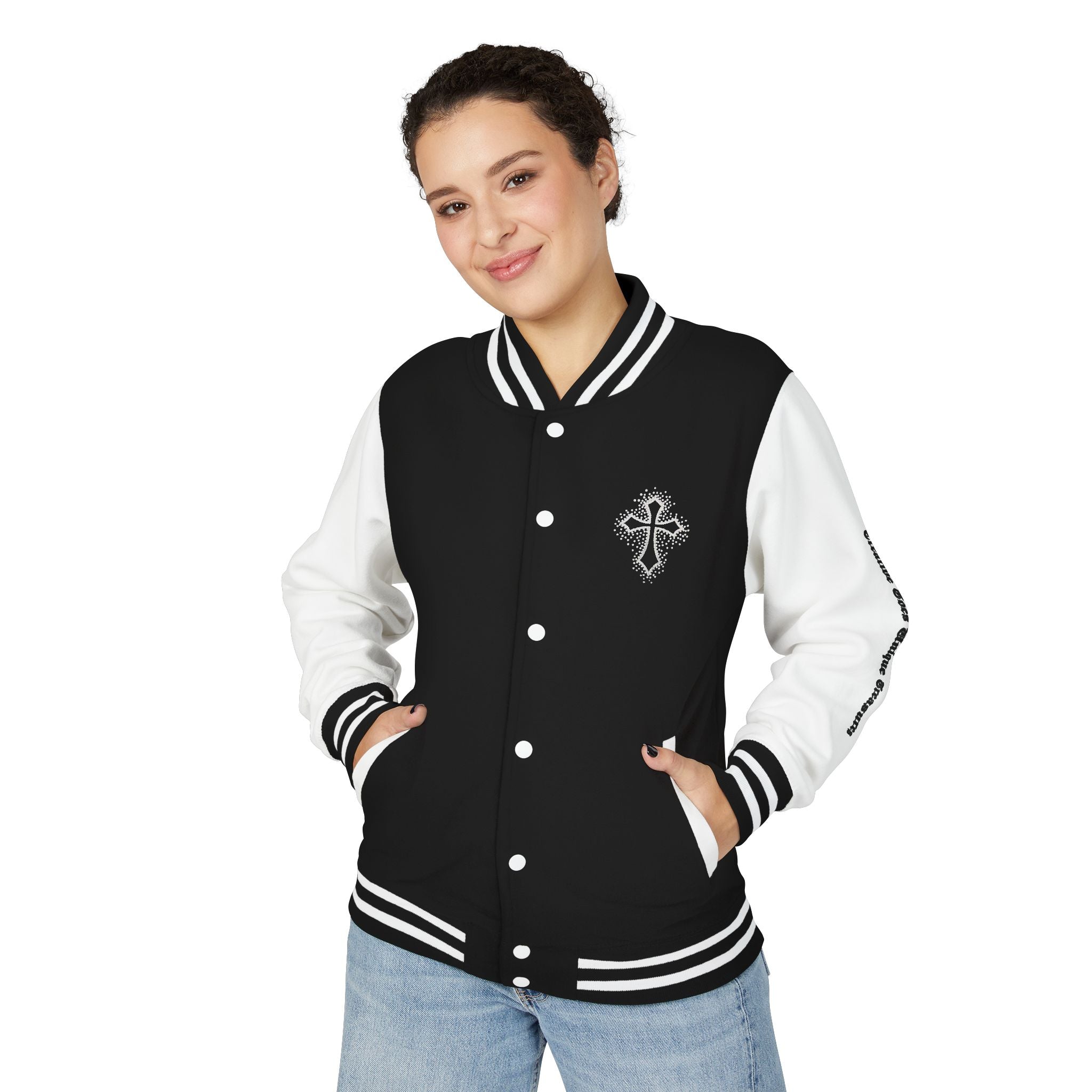 Unisex Heavyweight Letterman Jacket, Trendy Varsity Jacket, Youthful Streetwear, Positive Vibes Outerwear, Perfect for Casual Outings, [...]