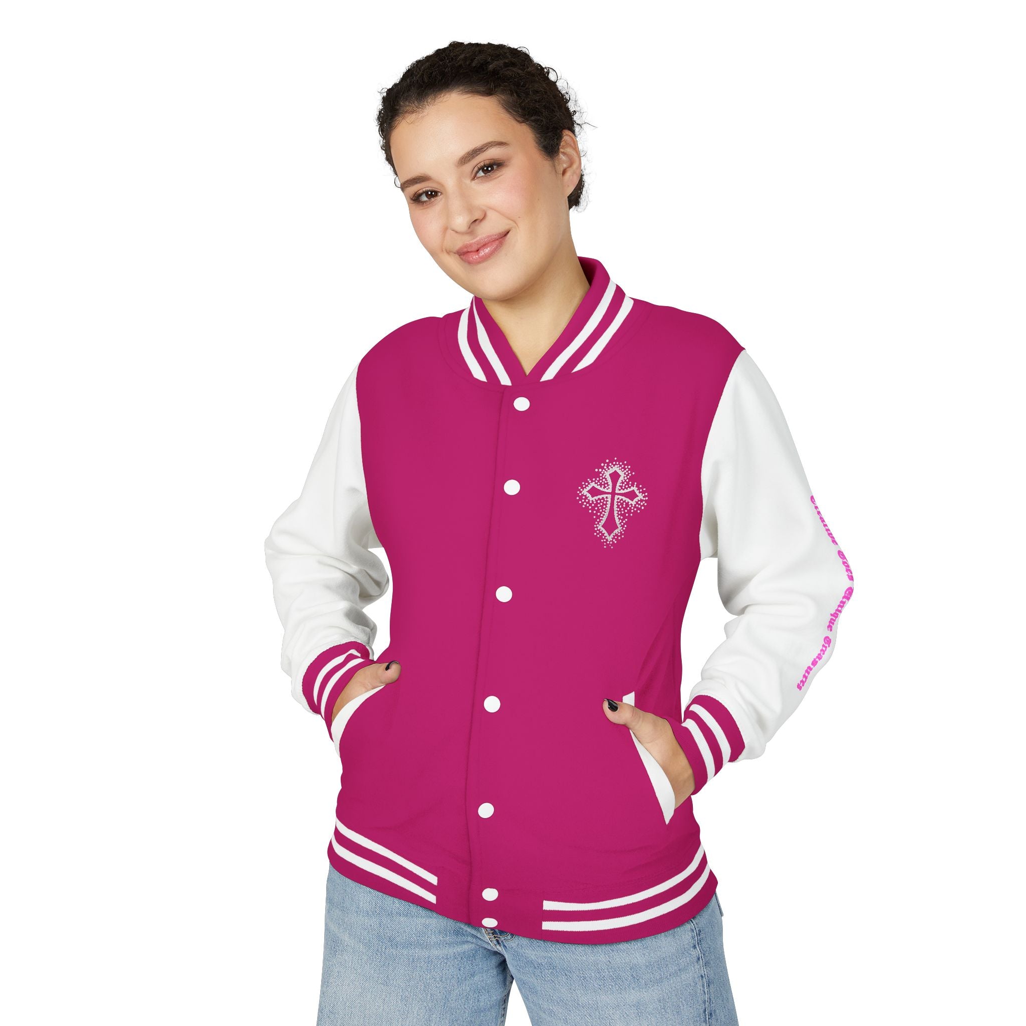 Unisex Heavyweight Letterman Jacket, Trendy Varsity Jacket, Youthful Streetwear, Positive Vibes Outerwear, Perfect for Casual Outings, [...]