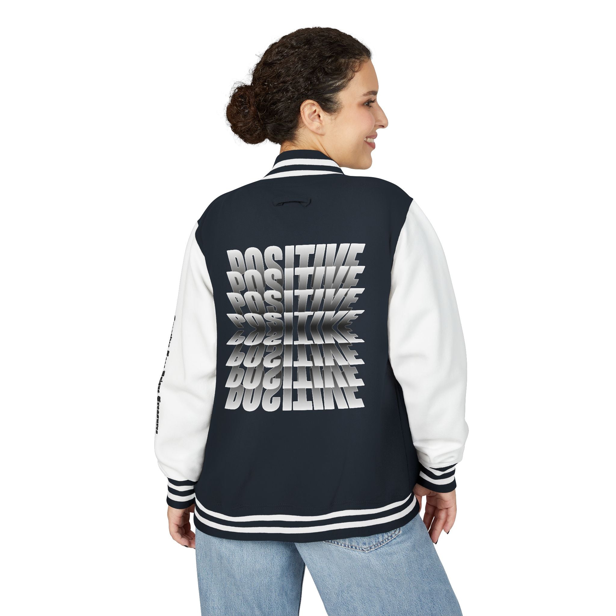 Unisex Heavyweight Letterman Jacket, Trendy Varsity Jacket, Youthful Streetwear, Positive Vibes Outerwear, Perfect for Casual Outings, [...]