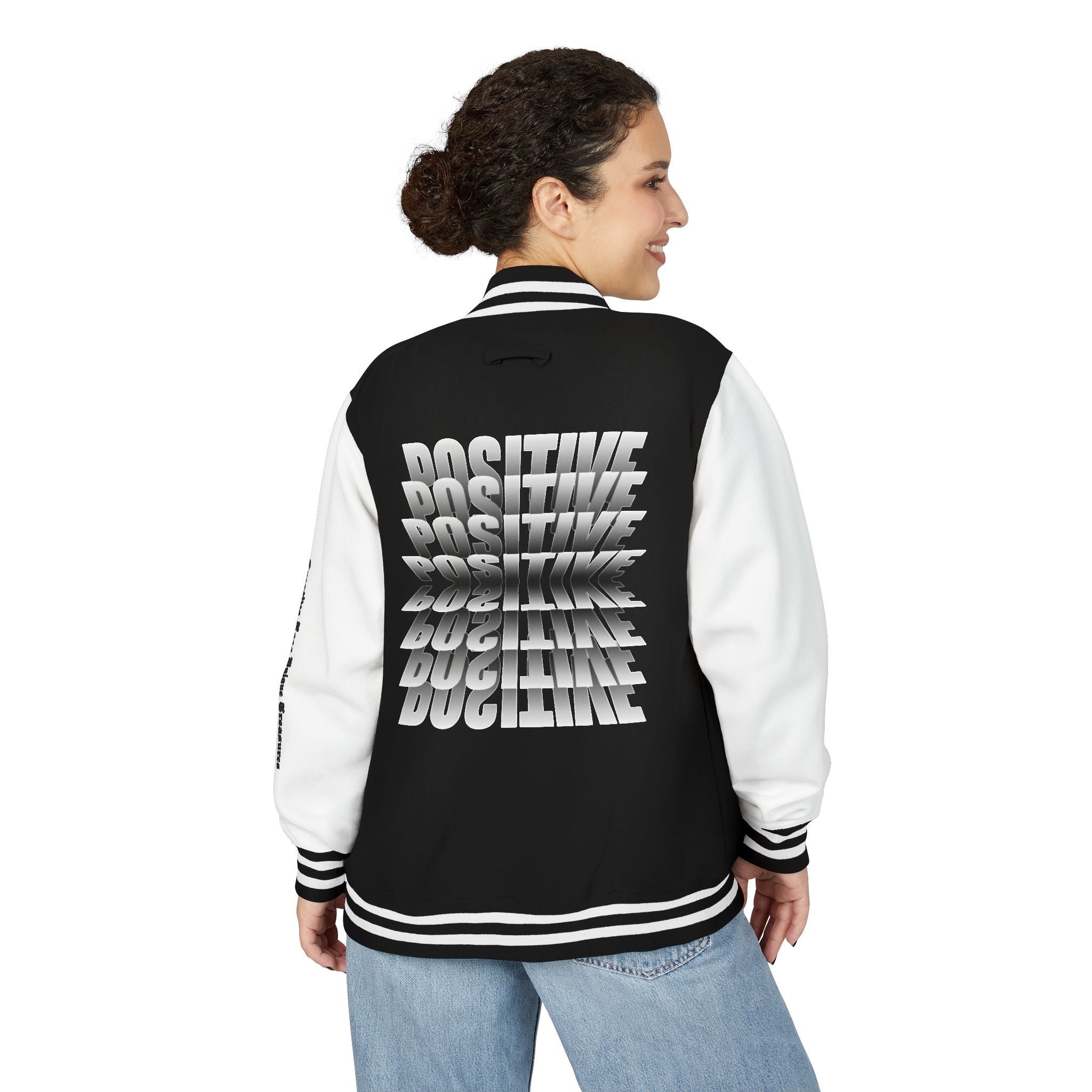 Unisex Heavyweight Letterman Jacket, Trendy Varsity Jacket, Youthful Streetwear, Positive Vibes Outerwear, Perfect for Casual Outings, [...]