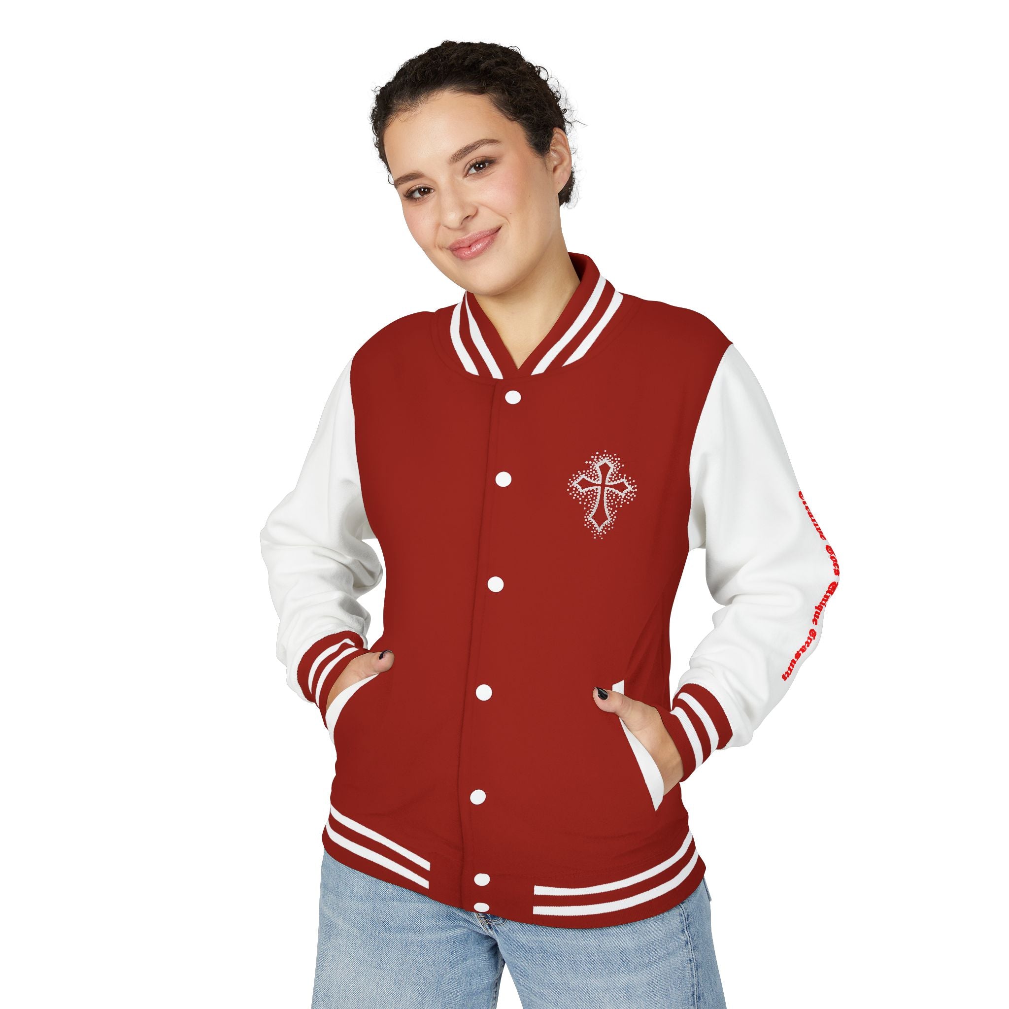 Unisex Heavyweight Letterman Jacket, Trendy Varsity Jacket, Youthful Streetwear, Positive Vibes Outerwear, Perfect for Casual Outings, [...]