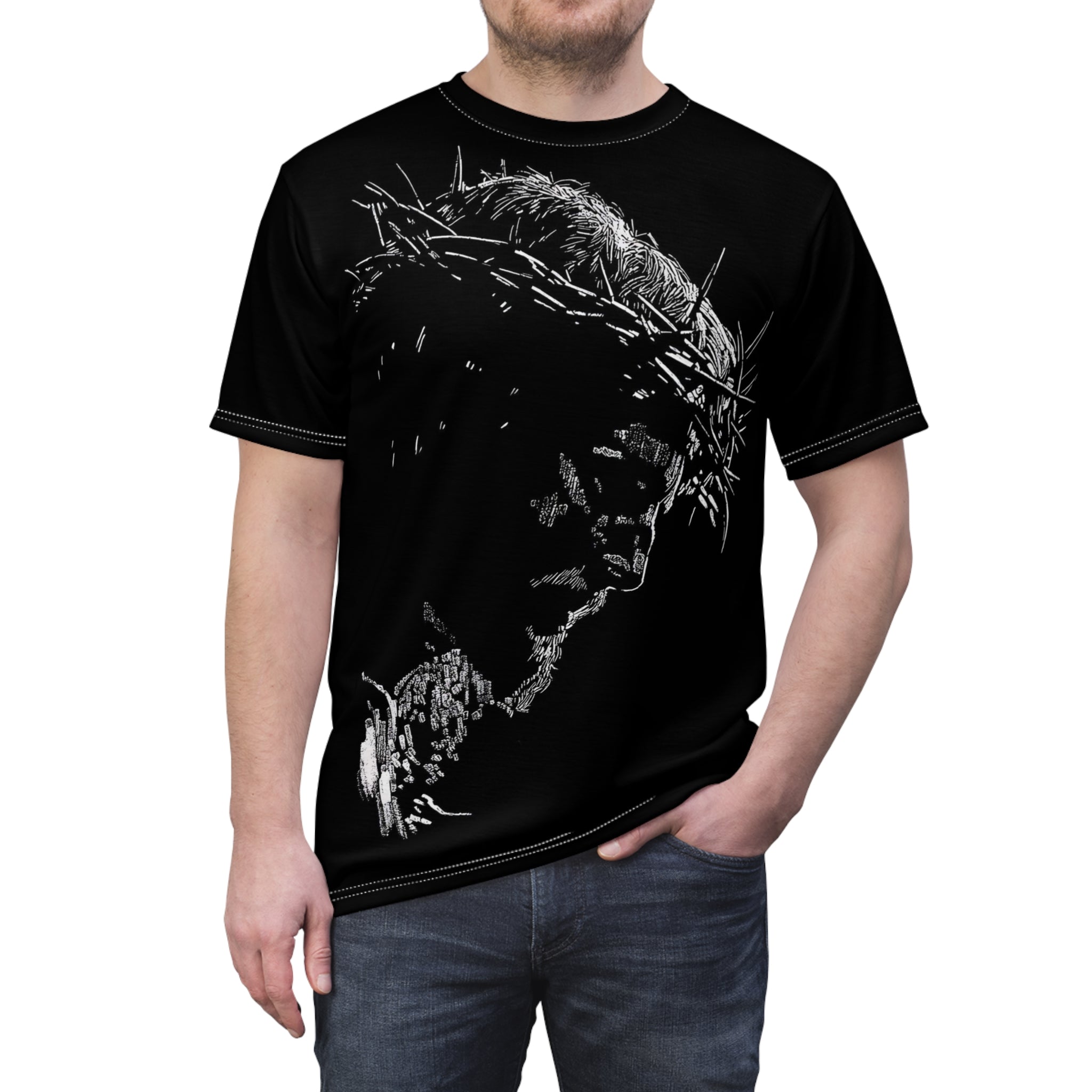 Jesus Christ Portrait Tee — Crown of Thorns Christian Faith T-Shirt (AOP)
