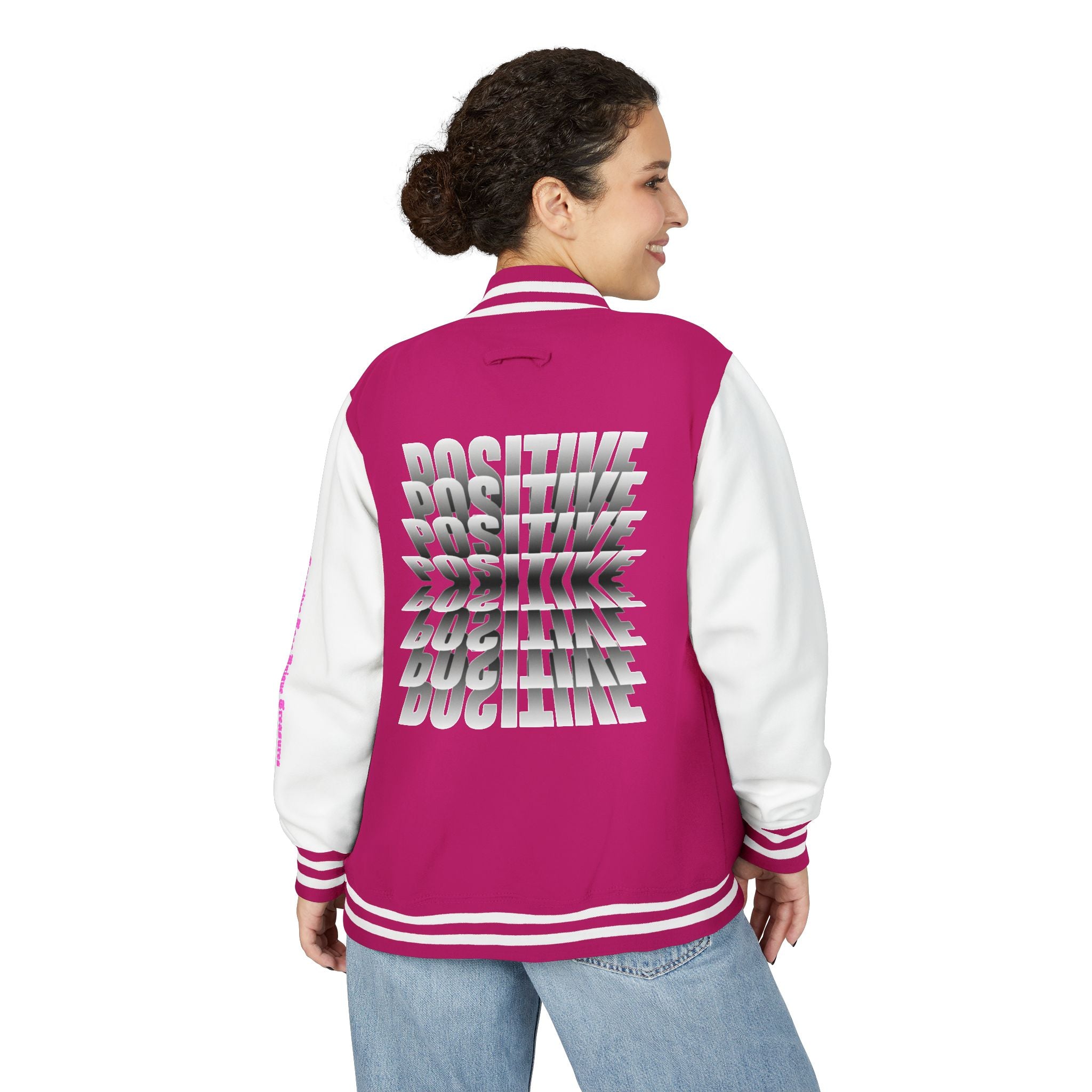 Unisex Heavyweight Letterman Jacket, Trendy Varsity Jacket, Youthful Streetwear, Positive Vibes Outerwear, Perfect for Casual Outings, [...]