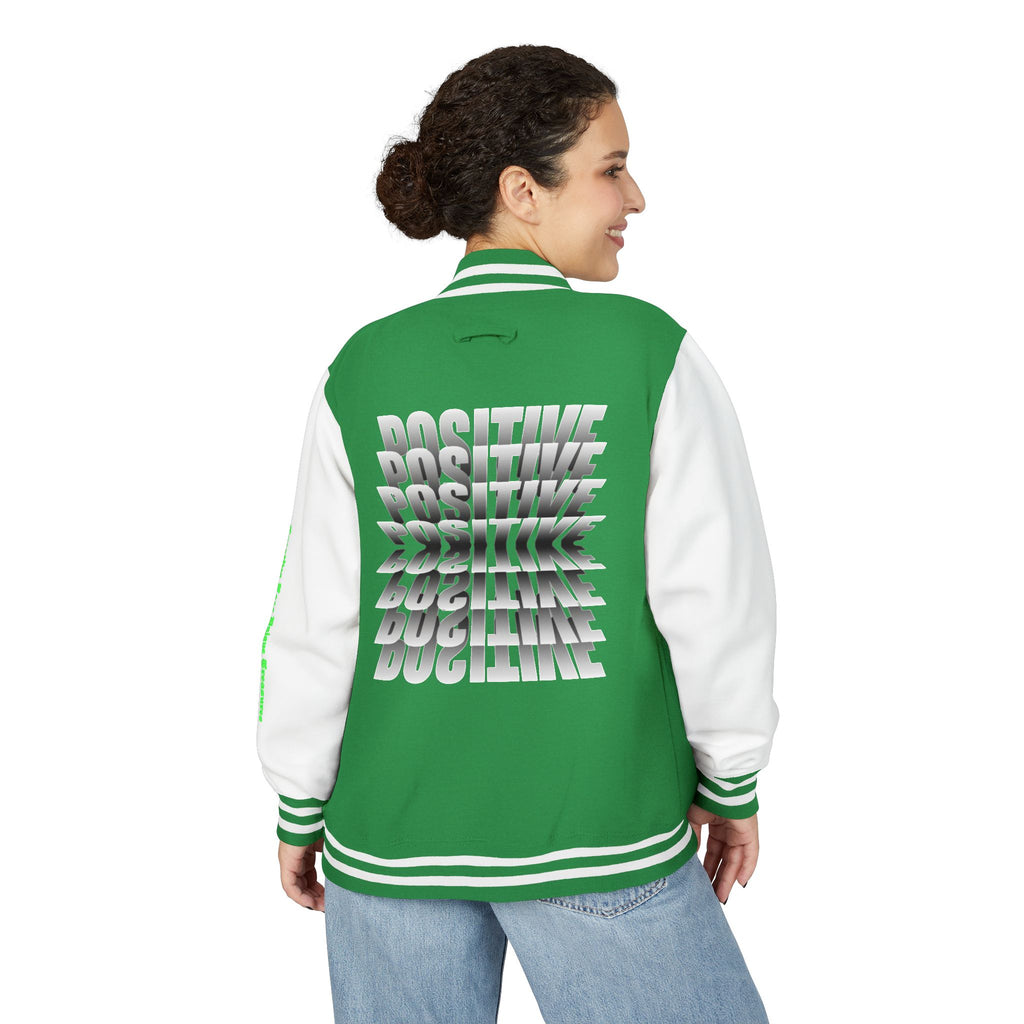Unisex Heavyweight Letterman Jacket, Trendy Varsity Jacket, Youthful Streetwear, Positive Vibes Outerwear, Perfect for Casual Outings, [...]