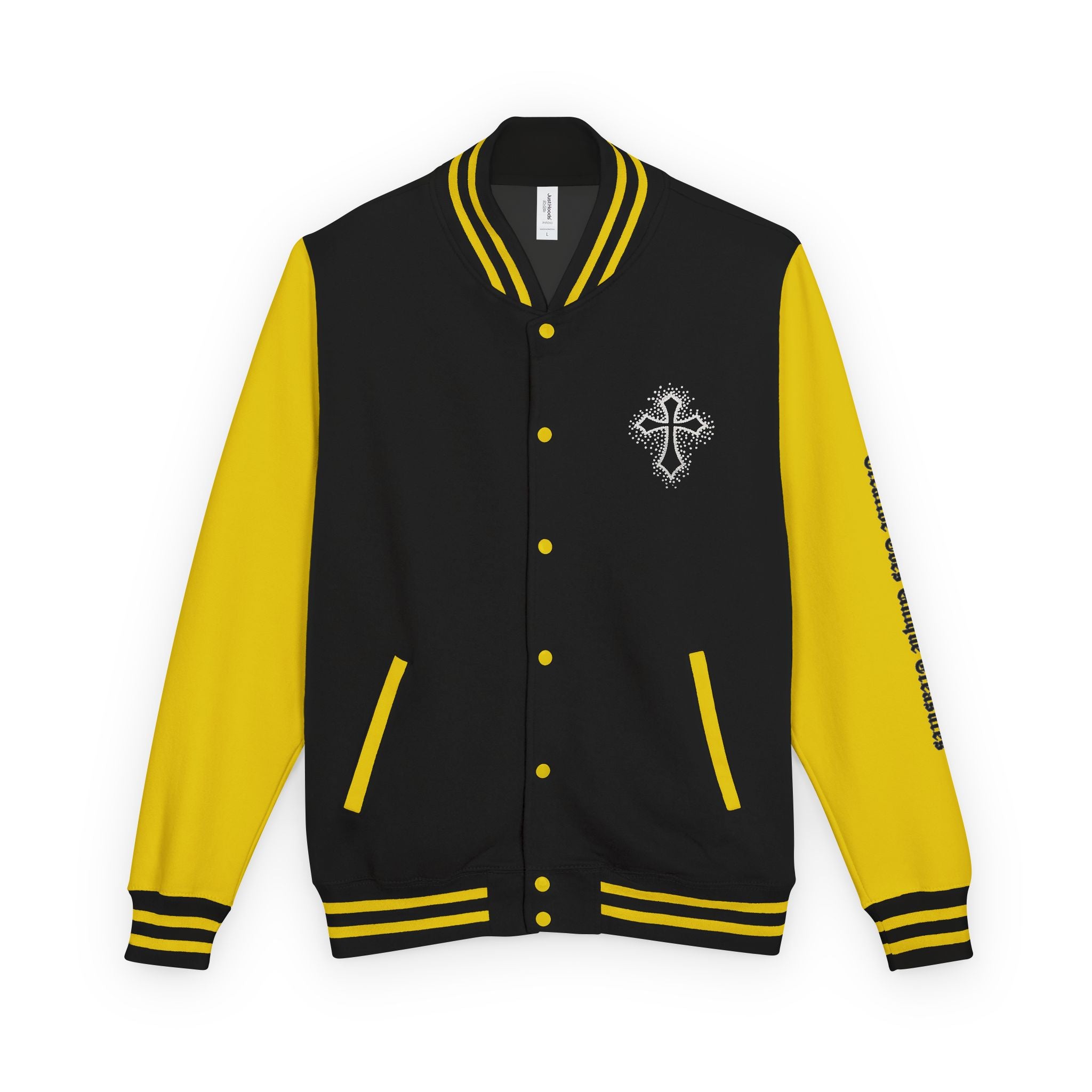 Unisex Heavyweight Letterman Jacket, Trendy Varsity Jacket, Youthful Streetwear, Positive Vibes Outerwear, Perfect for Casual Outings, [...]