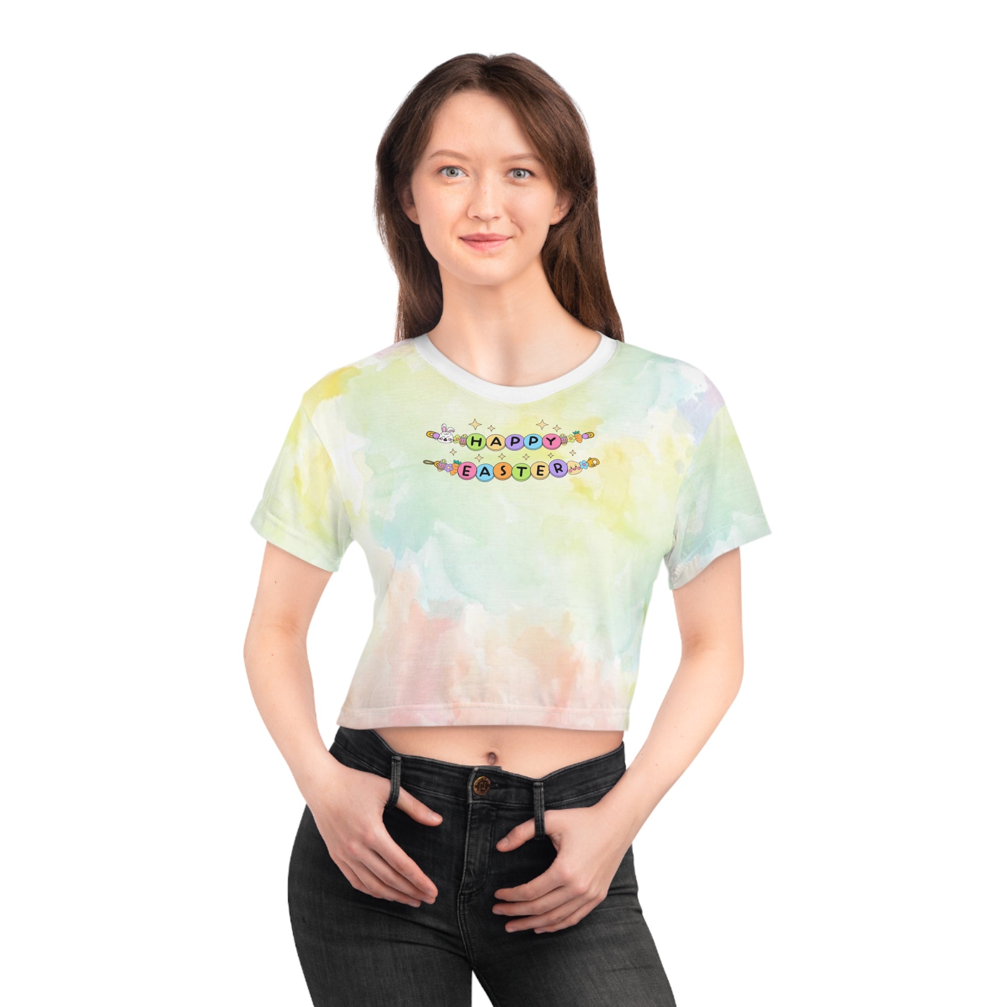 Happy Easter Pastel Tie-Dye Crop Tee (AOP)